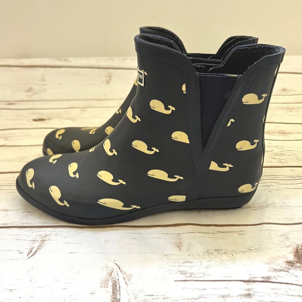 London Fog Rain Boots Navy Blue Whale Print Piccadilly SLF044 Size 10M